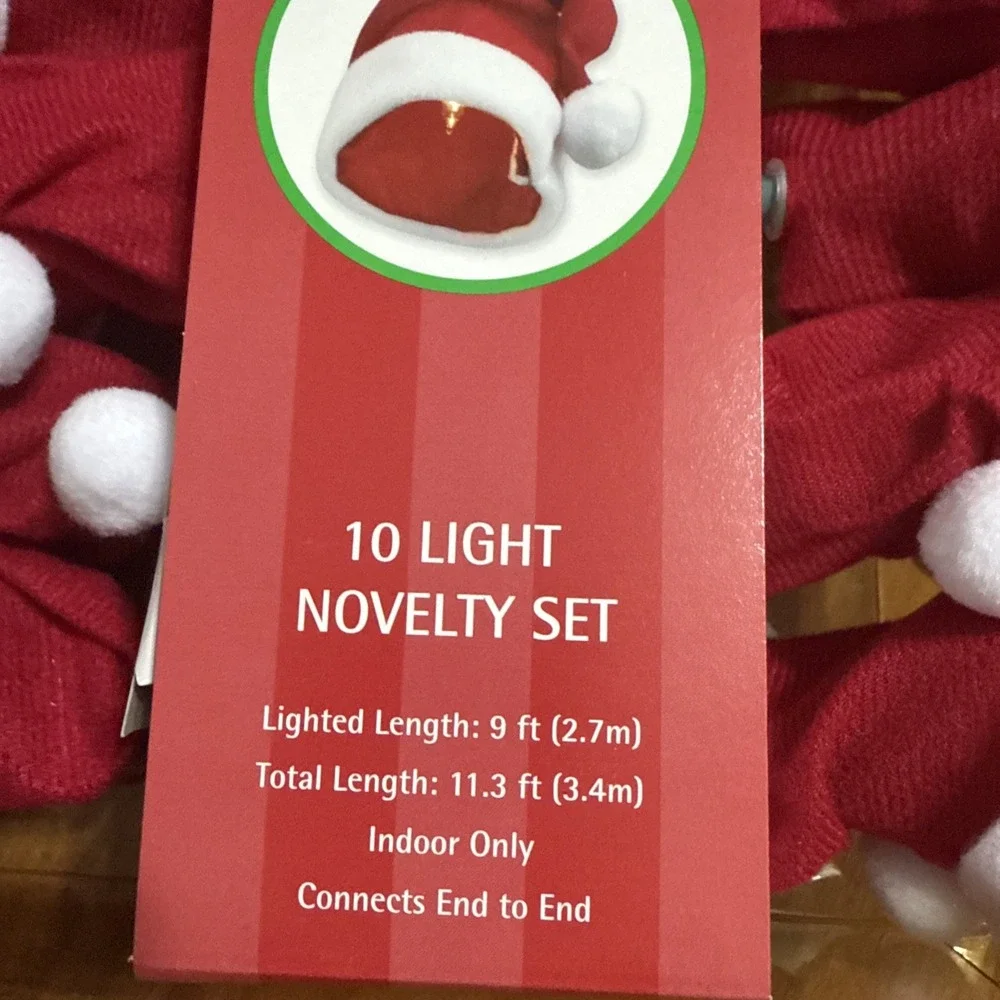 Vintage 10 RED FABRIC SANTA HAT STRING LIGHTS  NEW